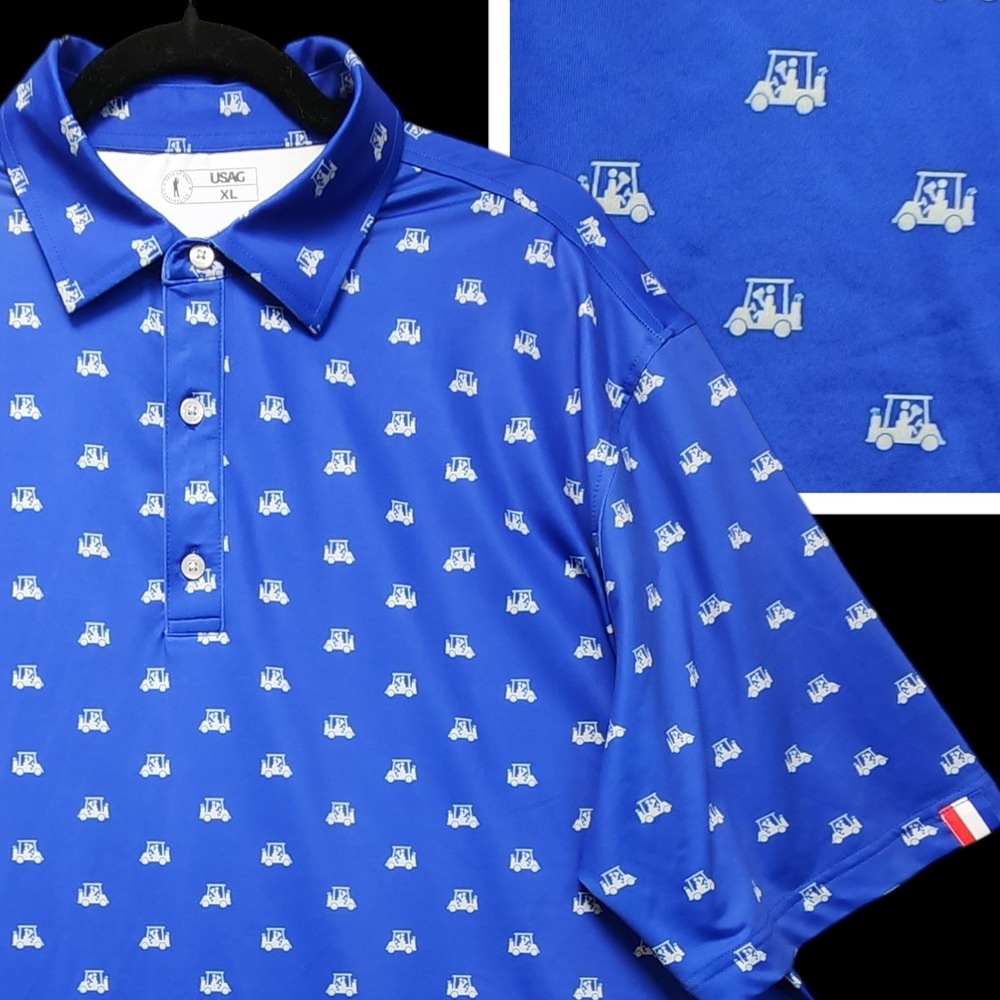 U Suck At Golf USAG Polo Shirt Mens XL Blue Golf Cart Drinking Print Performance